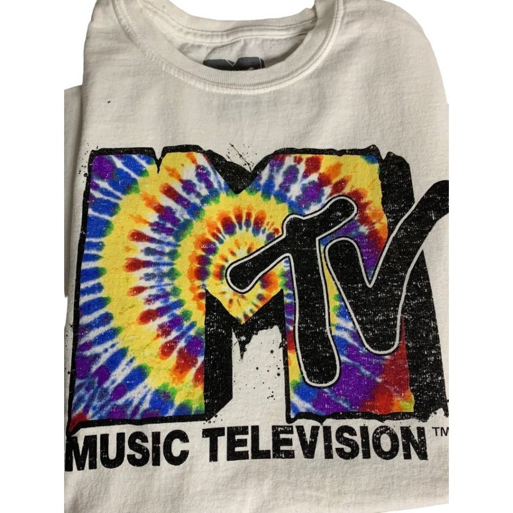 Small MTV Adult Unixex Tshirt Tie Dye Graffiti Logo White Short Sleeve - Picture 5 of 9